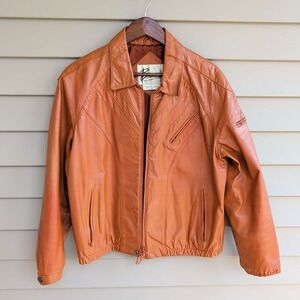 Berman's Leather Bomber Jacket Mens 42 Orange Vintage Chevron Moto Zip 4107